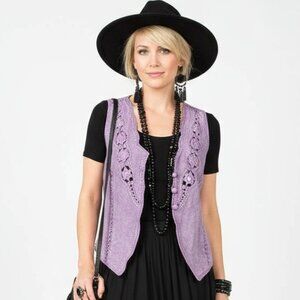 Covona Lavender Suede Leather Crochet Burton Close Sleeveless Vest L